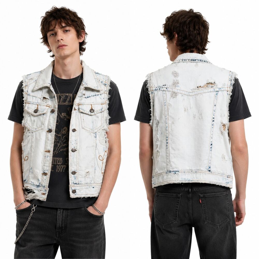 Z Supply Unisex Bleached Heavily Destressed Button Front Denim Jean Vest